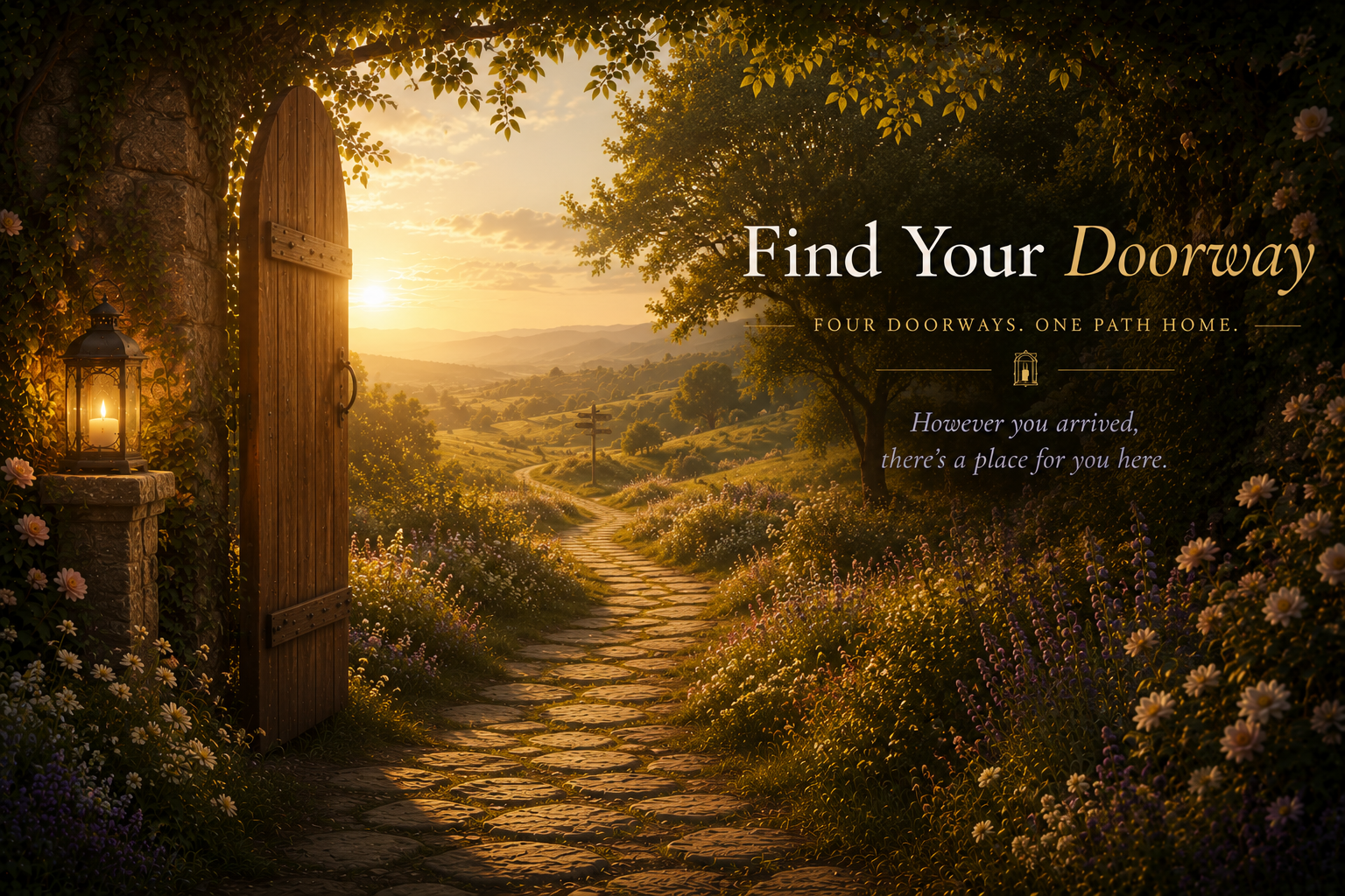 An open wooden door in a stone wall leads to a golden sunlit path through wildflowers. Text reads: Find Your Doorway. Four doorways, one path home. However you arrived, there's a place for you here.